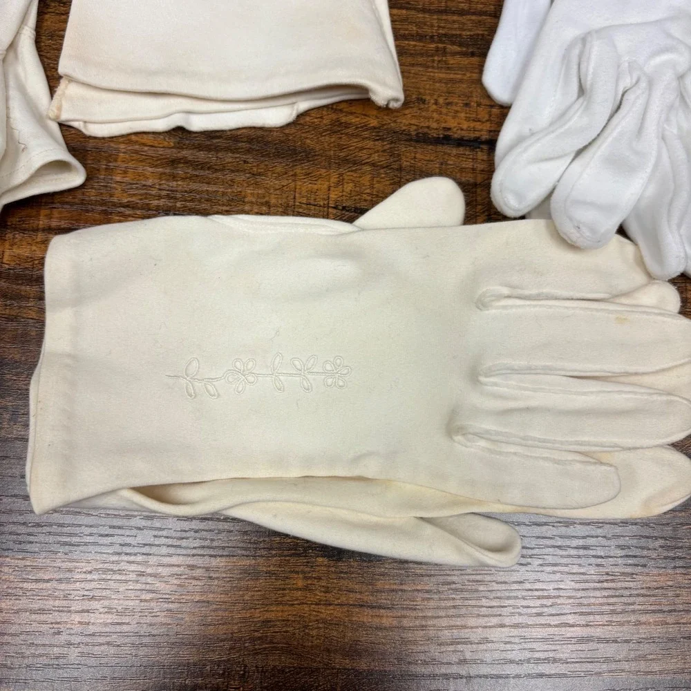 Vintage White Cream Formal Gloves Lot of 4 Pairs Mid Century Embroidered Costume